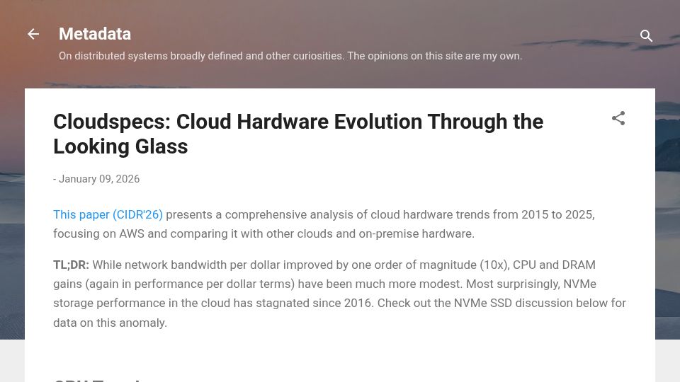 Screenshot of muratbuffalo.blogspot.com: Cloudspecs: Cloud Hardware Evolution Through the Looking Glass