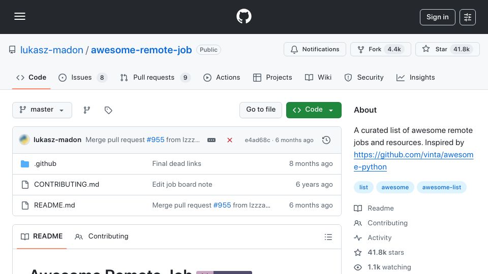 Screenshot of github.com: Remote Job