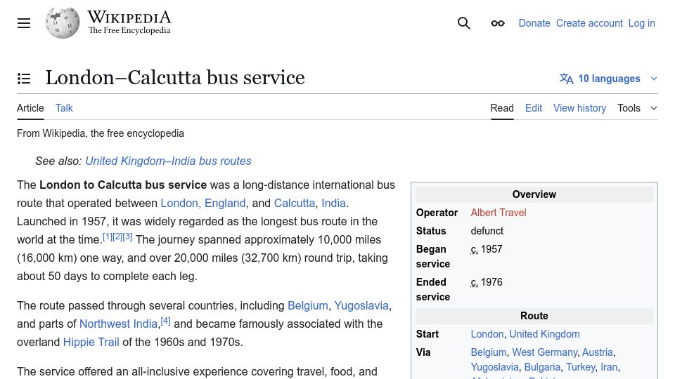 Screenshot of en.wikipedia.org: London–Calcutta bus service