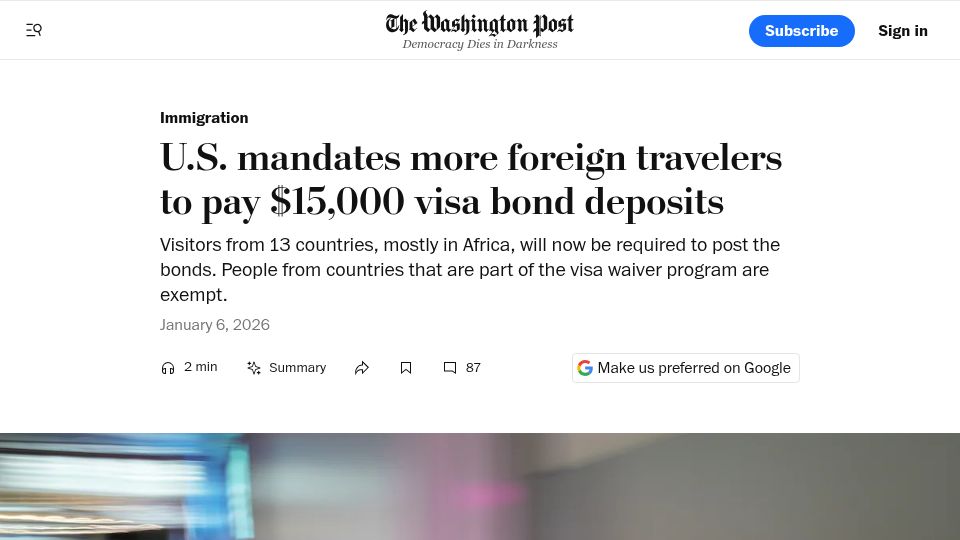 Screenshot of washingtonpost.com: U.S. mandates more foreign travelers to pay $15,000 visa bond deposits