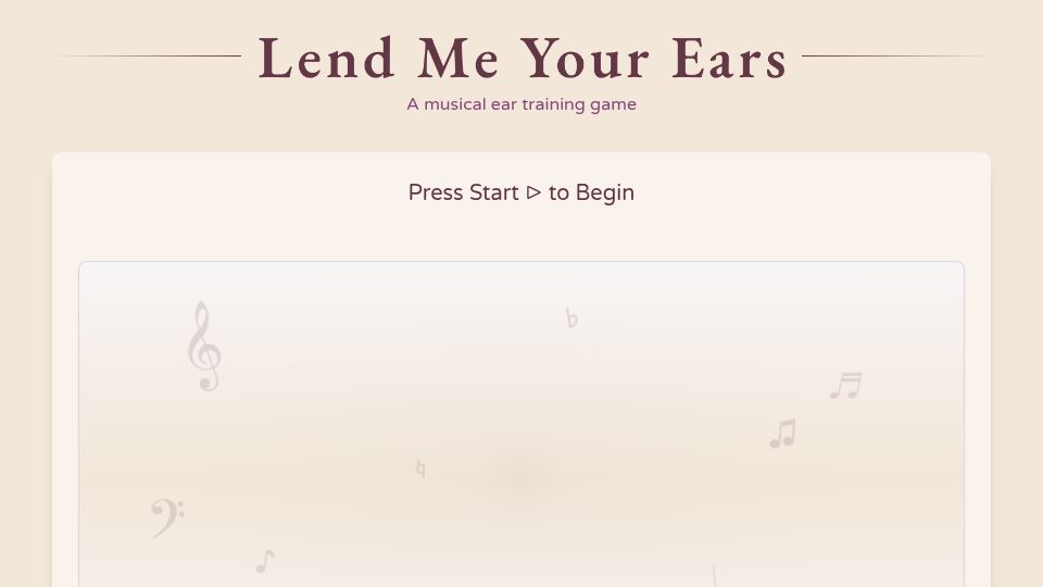 Screenshot of lend-me-your-ears.specr.net: Show HN: I made a memory game to teach you to play piano by ear