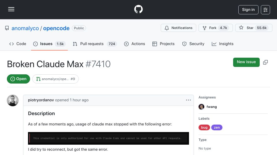 Screenshot of github.com: Anthropic blocks third-party use of Claude Code subscriptions