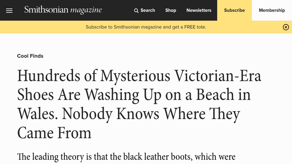 Screenshot of smithsonianmag.com: Mysterious Victorian-era shoes are washing up on a beach in Wales
