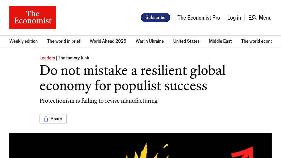Screenshot of economist.com: Do not mistake a resilient global economy for populist success