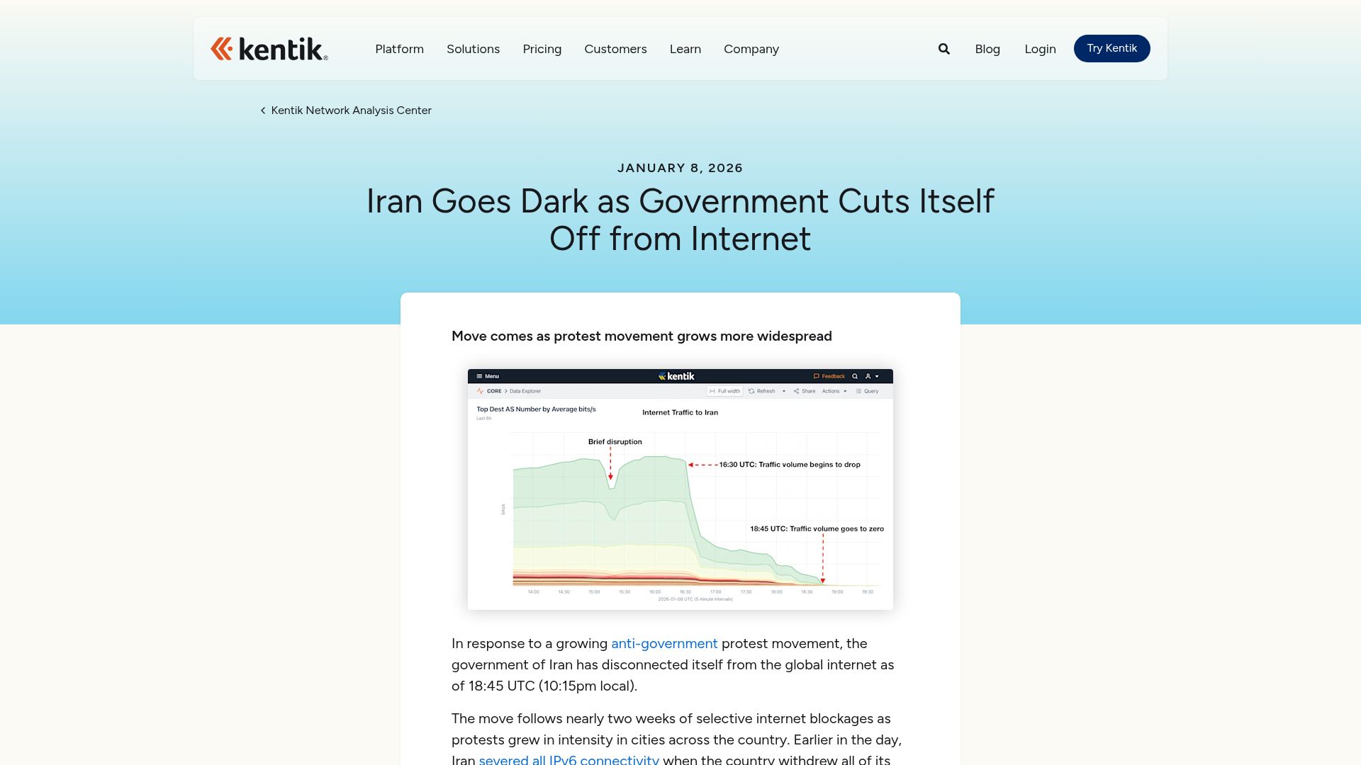 Screenshot of kentik.com: Iran Goes Dark as Government Cuts Itself Off from Internet