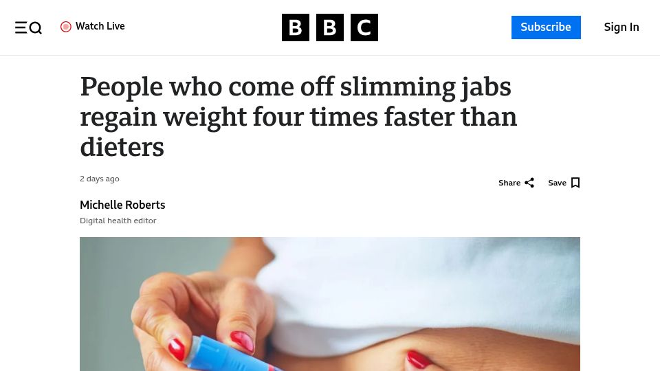 Screenshot of bbc.com: People who come off slimming jabs regain weight four times faster than dieters