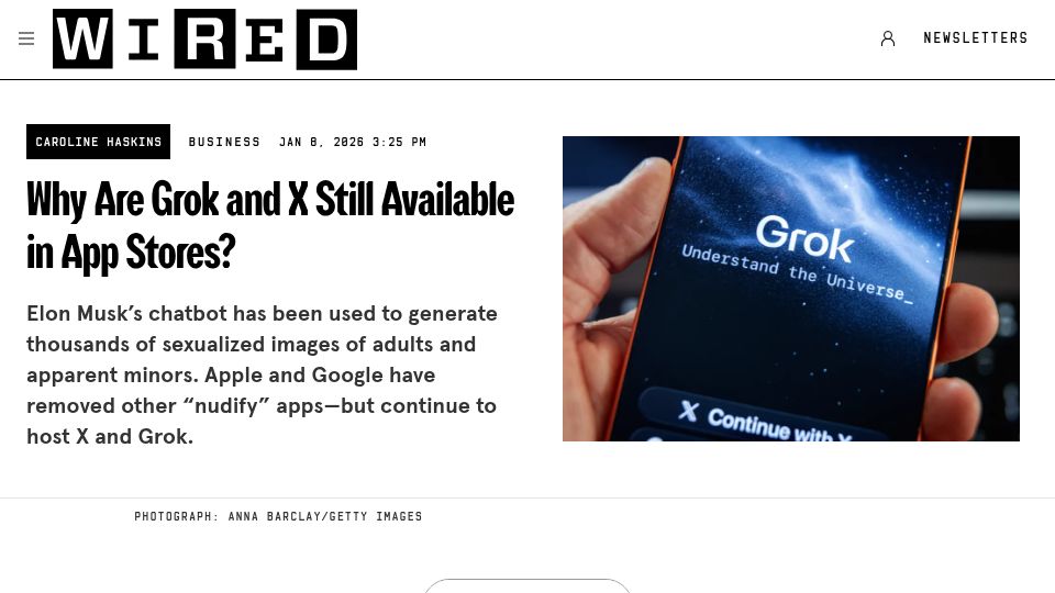 Screenshot of wired.com: Why Are Grok and X Still Available in App Stores?