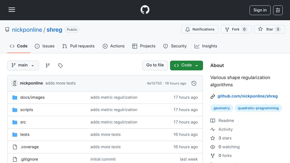 Screenshot of github.com: Show HN: Various shape regularization algorithms