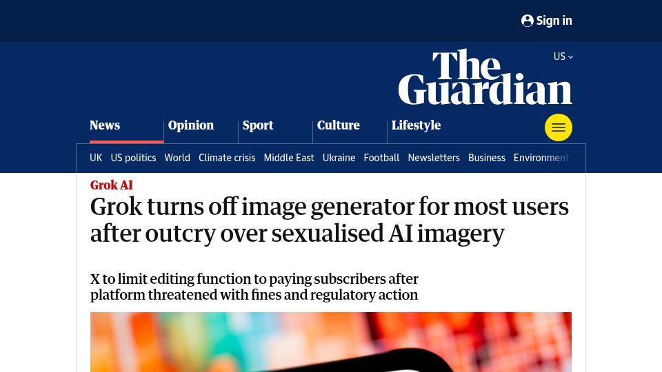 Screenshot of theguardian.com: Grok turns off image generator for most after outcry over sexualised AI imagery