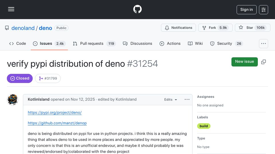 Screenshot of github.com: Deno has made its PyPI distribution official