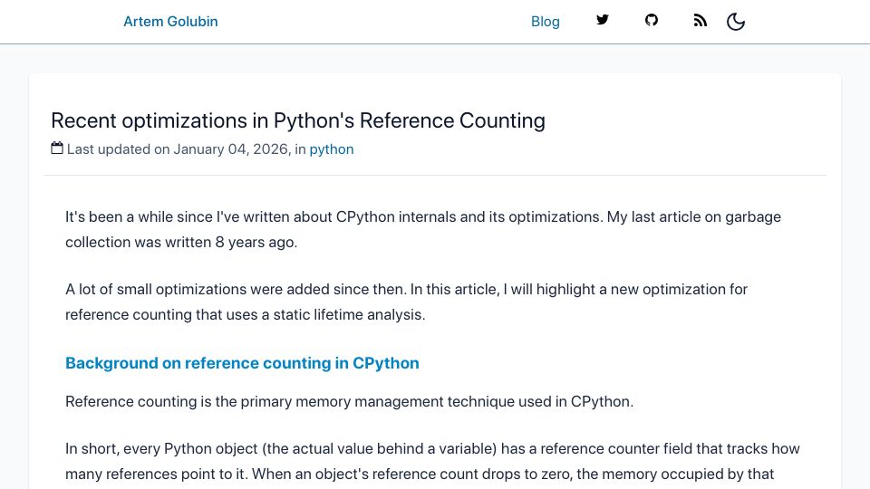 Screenshot of rushter.com: Recent Optimizations in Python's Reference Counting