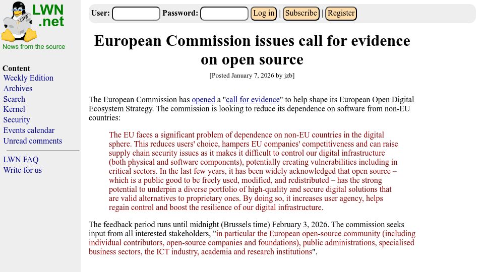 Screenshot of lwn.net: European Commission issues call for evidence on open source