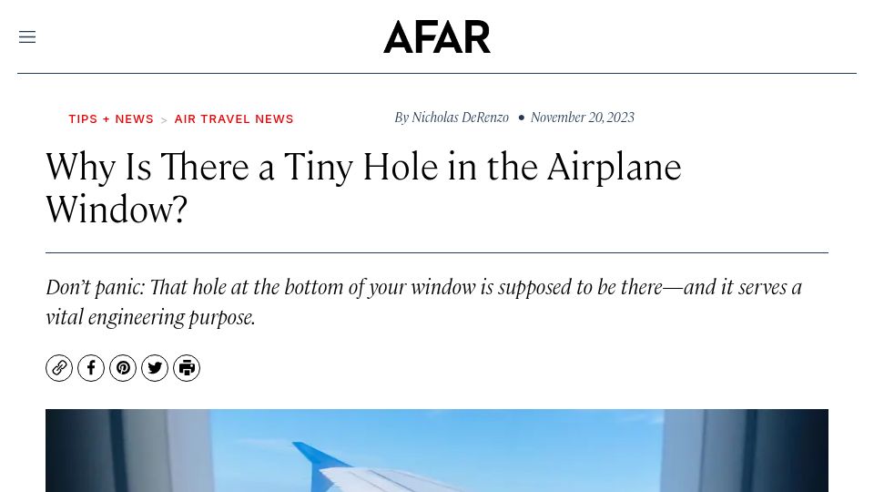 Screenshot of afar.com: Why is there a tiny hole in the airplane window? (2023)