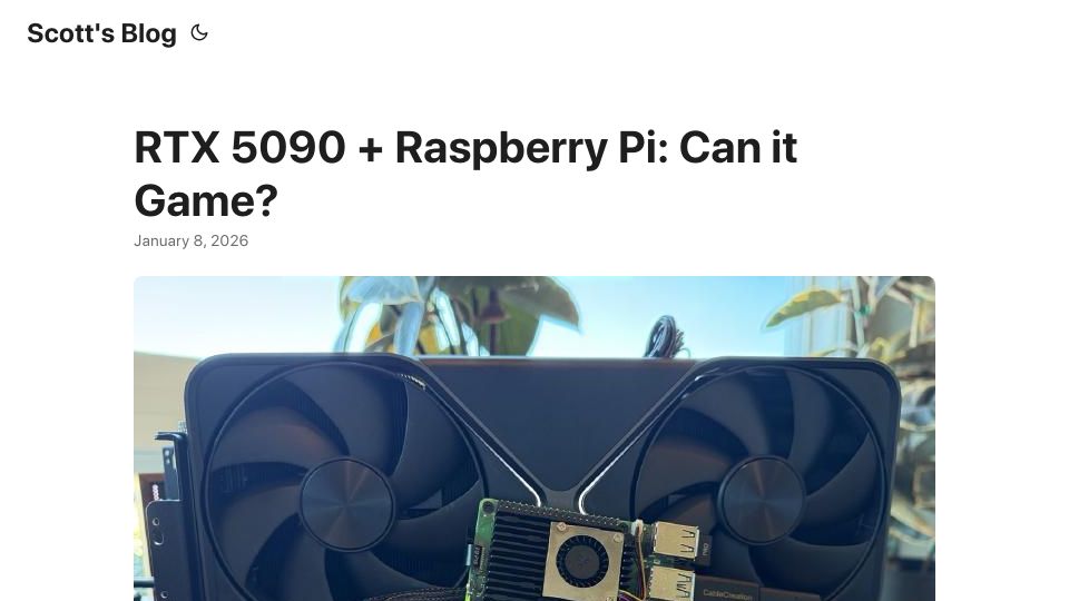 Screenshot of scottjg.com: RTX 5090 and Raspberry Pi: Can it game?