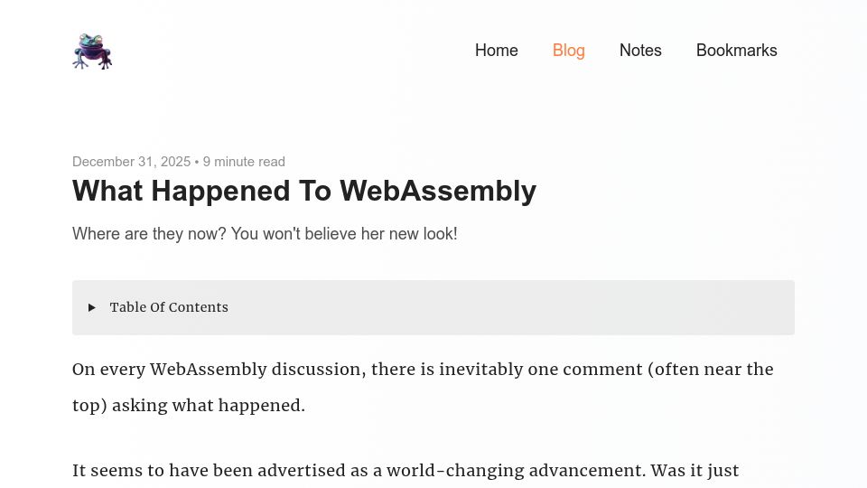Screenshot of emnudge.dev: What happened to WebAssembly