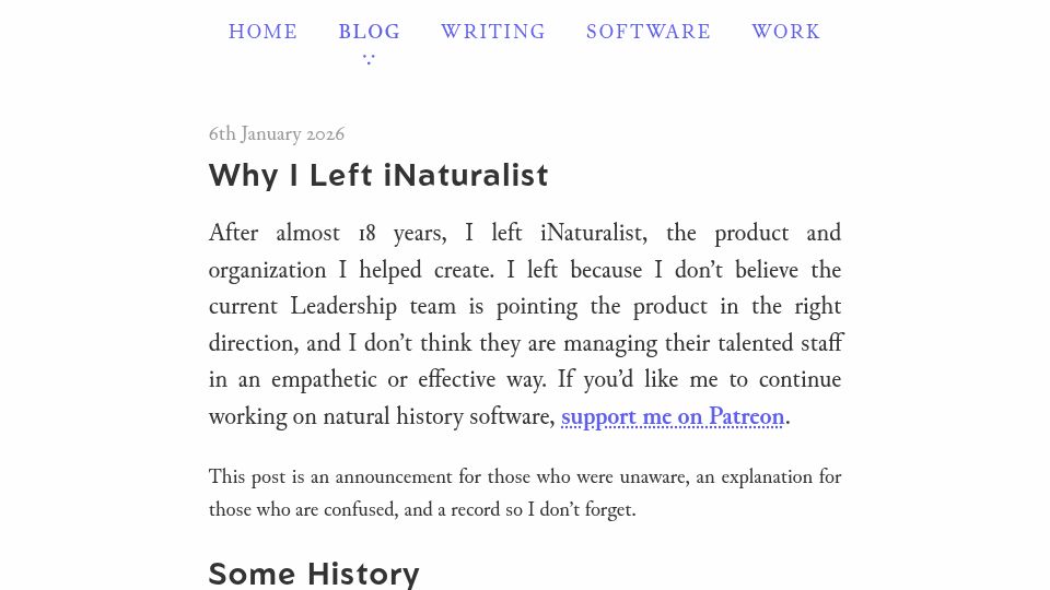 Screenshot of kueda.net: Why I left iNaturalist