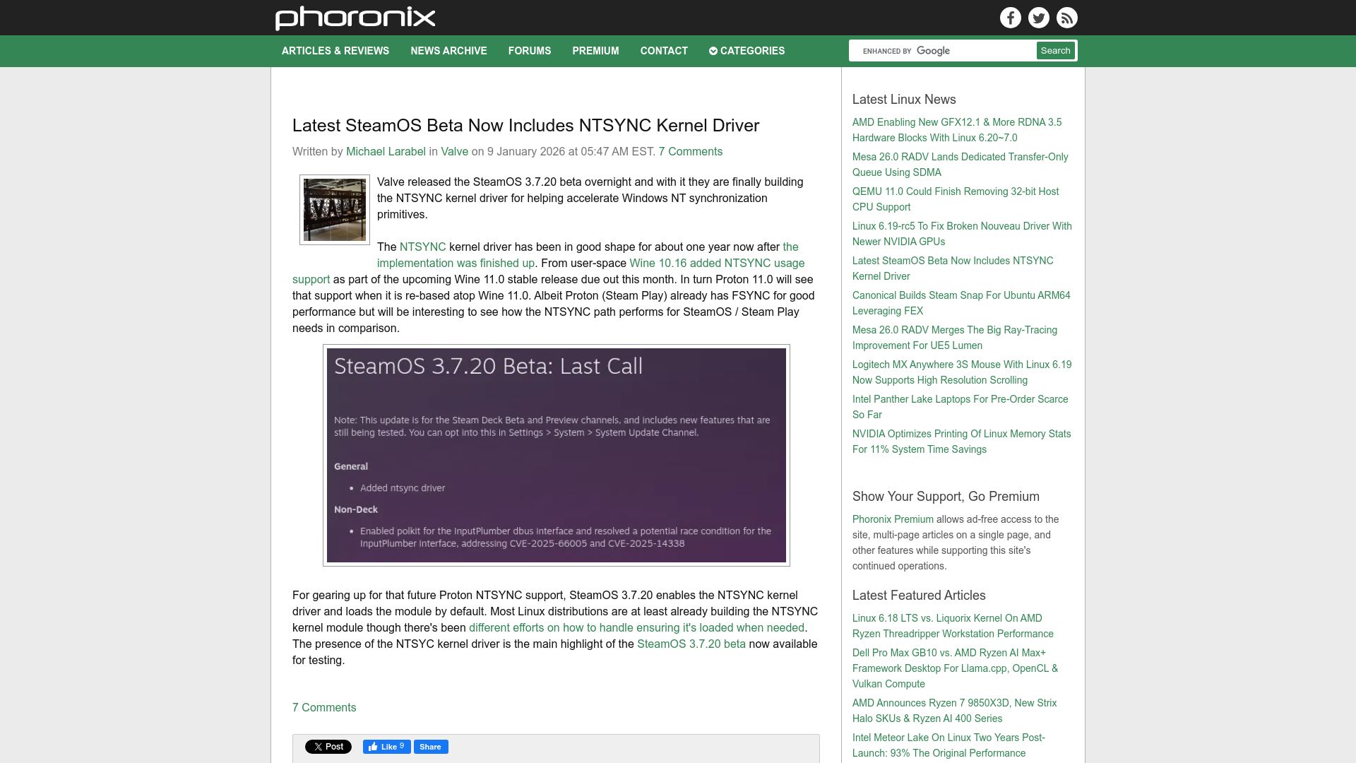 Screenshot of phoronix.com: Latest SteamOS Beta Now Includes Ntsync Kernel Driver