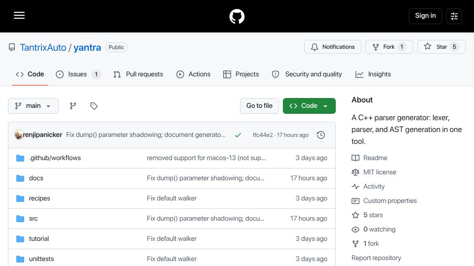 Screenshot of github.com: Show HN: Yantra – an LALR(1) parser generator for C++