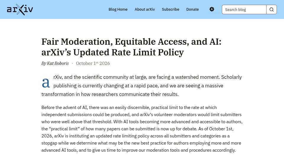 Screenshot of blog.arxiv.org: ArXiv's Updated Rate Limit Policy