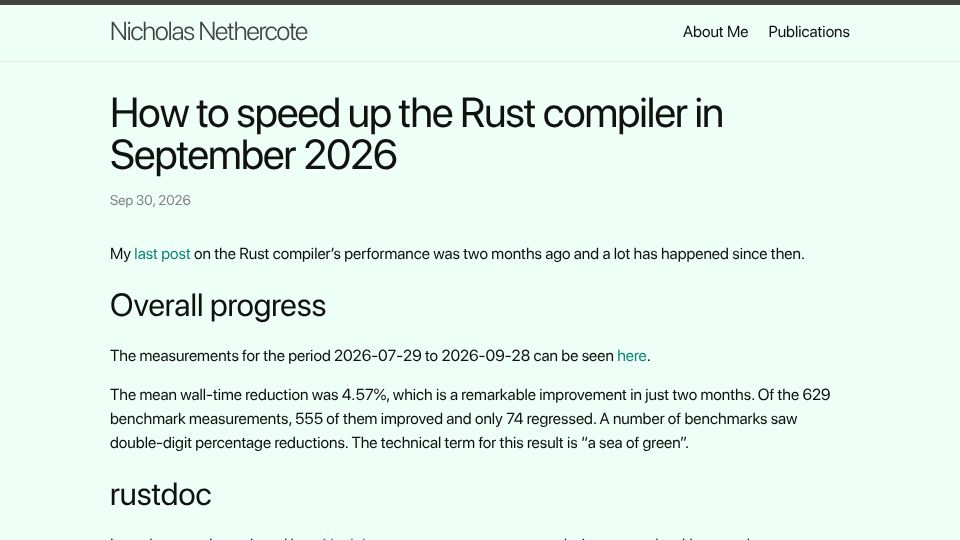Screenshot of nnethercote.github.io: How to speed up the Rust compiler in September 2026