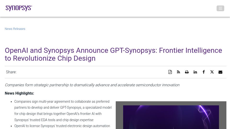 Screenshot of news.synopsys.com: GPT-Synopsys: Frontier Intelligence to Revolutionize Chip Design