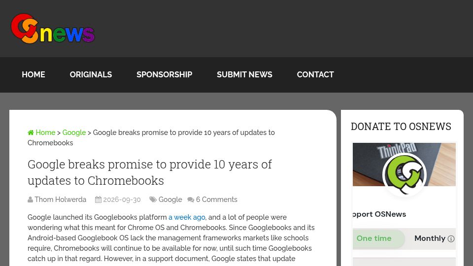 Screenshot of osnews.com: Google breaks promise to provide 10 years of updates to Chromebooks