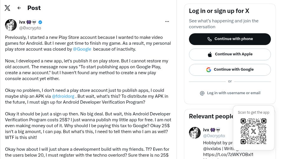 Screenshot of twitter.com: Fuck Android Developer Verification Program