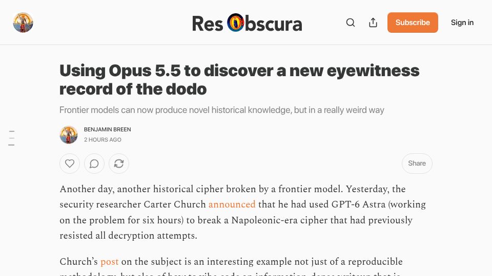 Screenshot of resobscura.substack.com: Using Opus 5.5 to discover a new eyewitness record of the dodo
