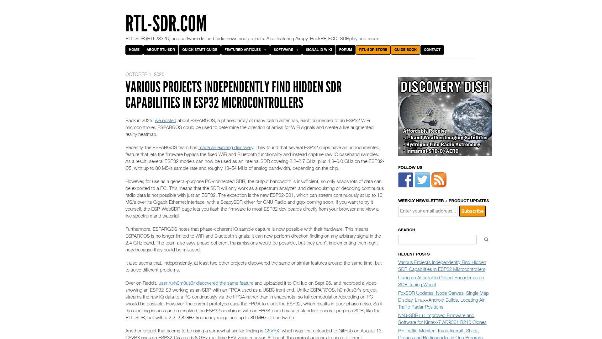 Screenshot of rtl-sdr.com: Various Projects Find Hidden SDR Capabilities in ESP32 Microcontrollers