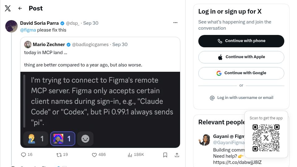 Screenshot of twitter.com: Figma restricts MCP access to whitelisted clients, excluding Pi