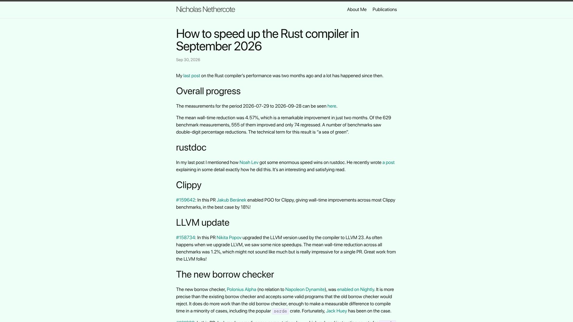 Screenshot of nnethercote.github.io: How to speed up the Rust compiler in September 2026