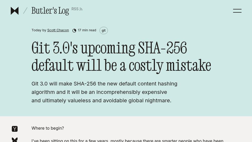 Screenshot of blog.gitbutler.com: Git 3.0's upcoming SHA-256 default will be a costly mistake