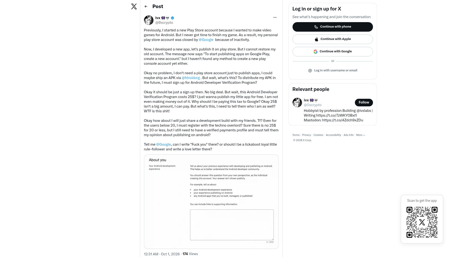 Screenshot of twitter.com: Fuck Android Developer Verification Program