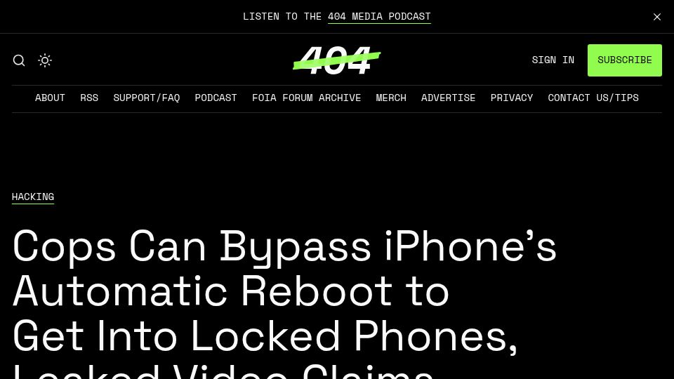 Screenshot of 404media.co: Cops Can Bypass iPhone's Automatic Reboot to Get into Locked Phones