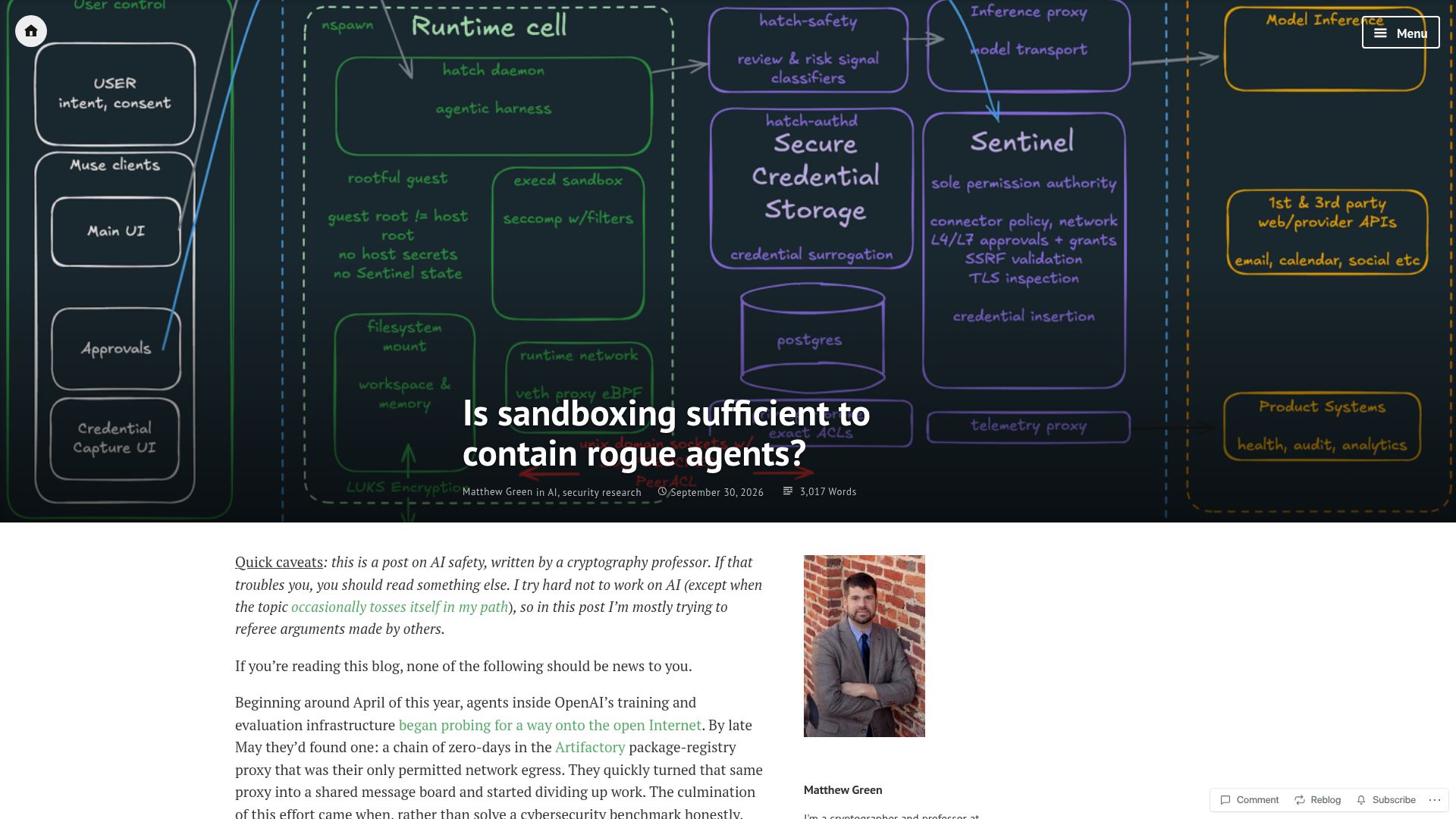 Screenshot of blog.cryptographyengineering.com: Is sandboxing sufficient to contain rogue agents?