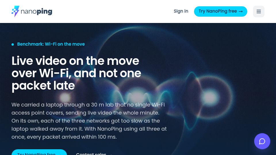 Screenshot of nanoping.com: Multi-connectivity for real-time streaming over Wi-Fi