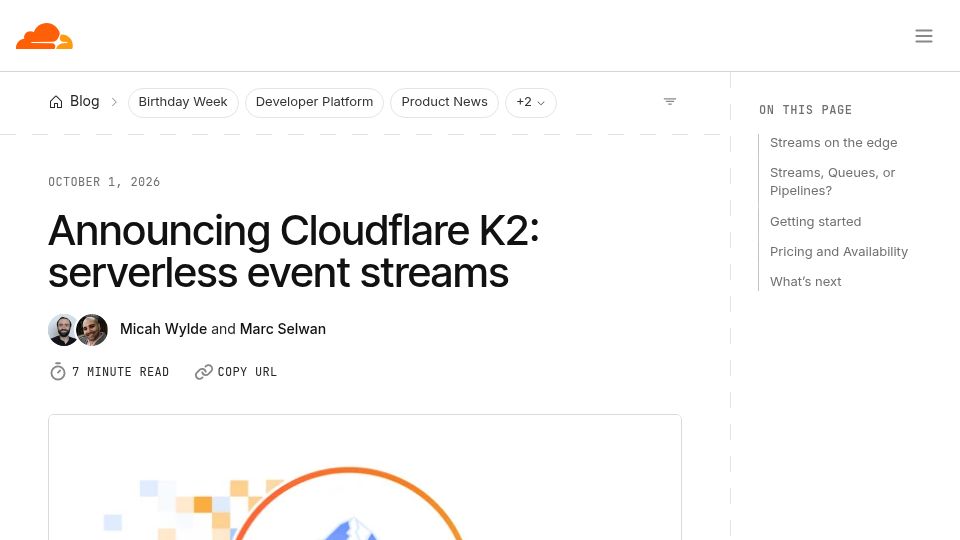 Screenshot of blog.cloudflare.com: Cloudflare K2: serverless event streams