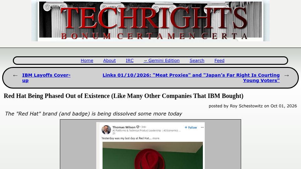 Screenshot of techrights.org: Red Hat being phased out of existence?