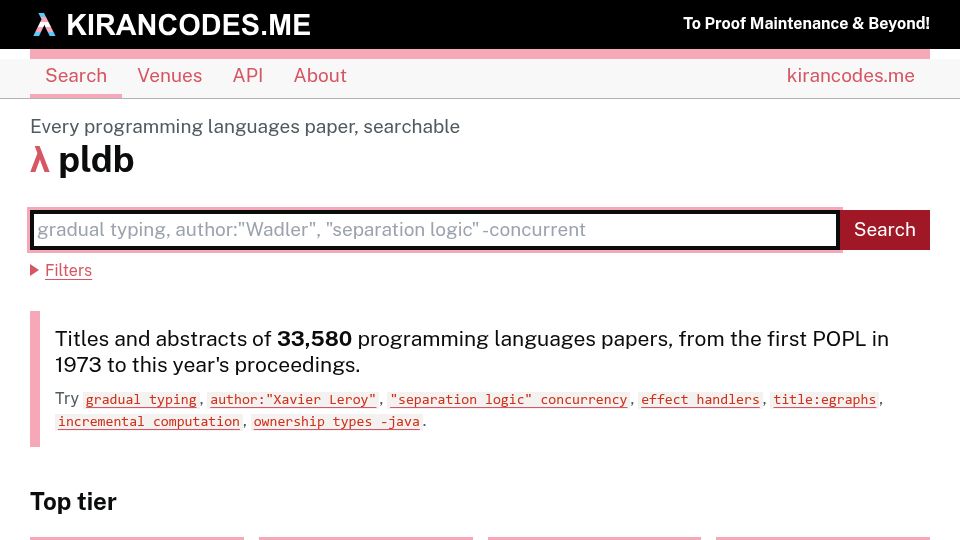 Screenshot of pldb.kirancodes.me: pldb: programming languages papers