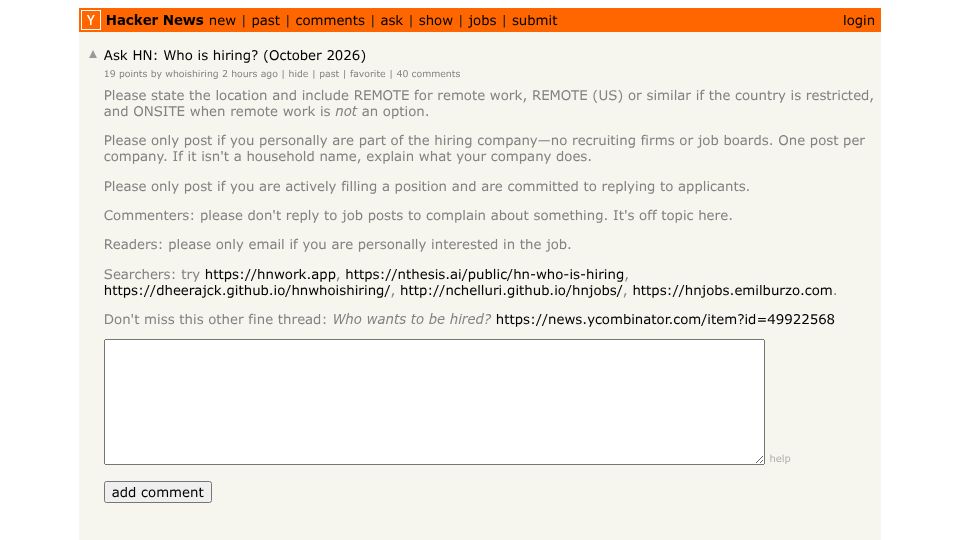 Screenshot of Hacker News post: Ask HN: Who is hiring? (October 2026)