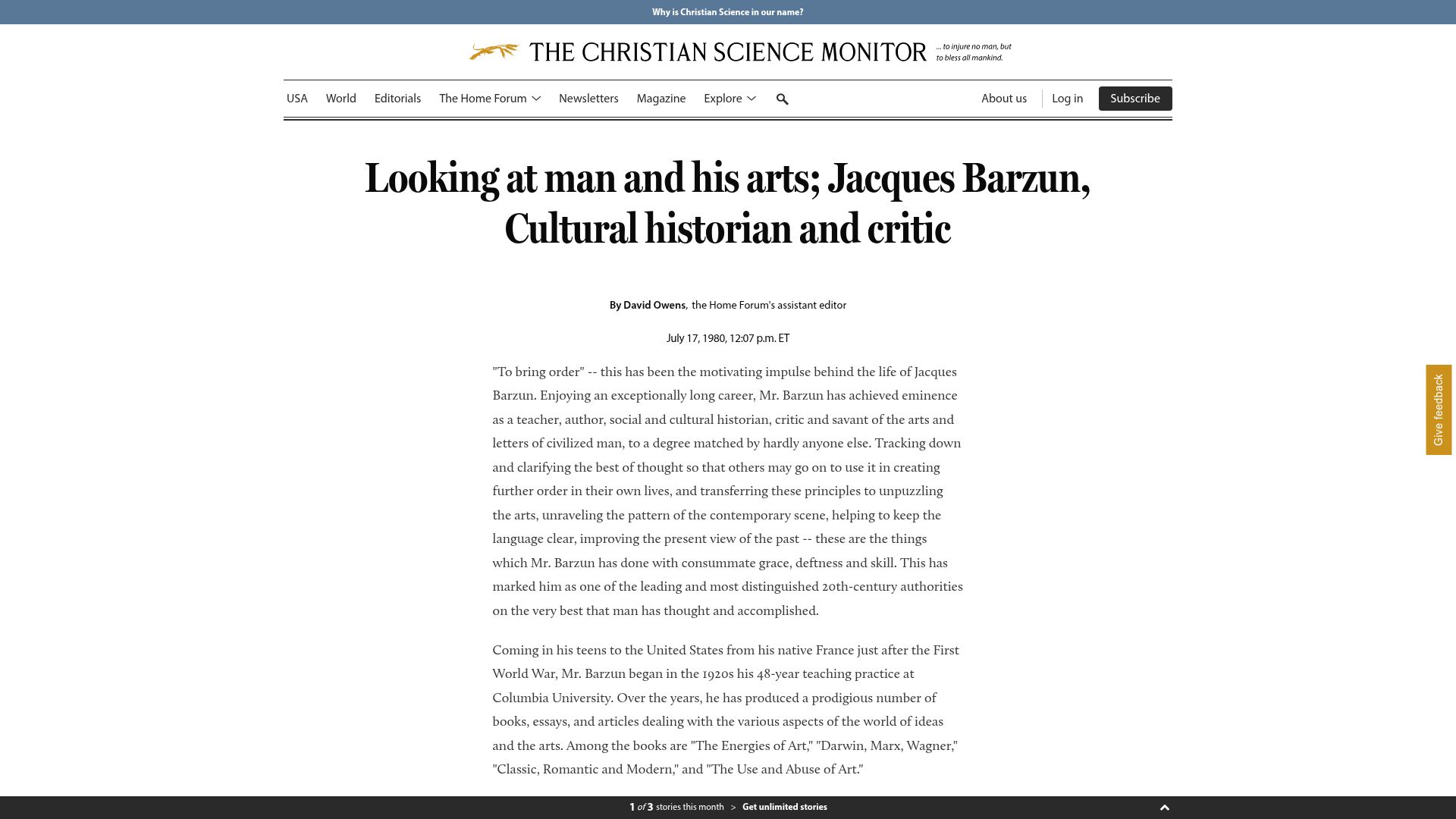 Screenshot of csmonitor.com: Jacques Barzun, Cultural historian and critic (1980)