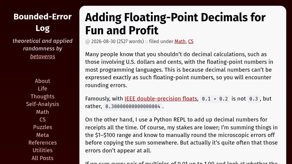 Screenshot of blog.vero.site: Adding Floating-Point Decimals for Fun and Profit
