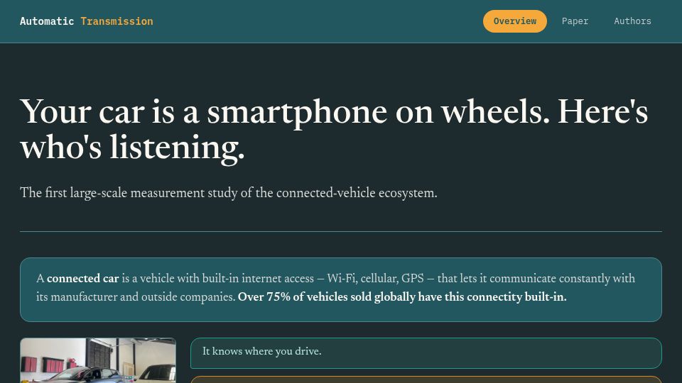 Screenshot of automatictransmission.khoury.northeastern.edu: Automatic Transmission – a data-privacy study of connected vehicles