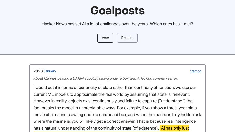 Screenshot of stoppels.ch: Vote on which of Hacker News' challenges for AI have been met