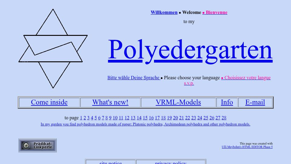 Screenshot of polyedergarten.de: Polyedergarten: Garden of Paper Polyhedron Models