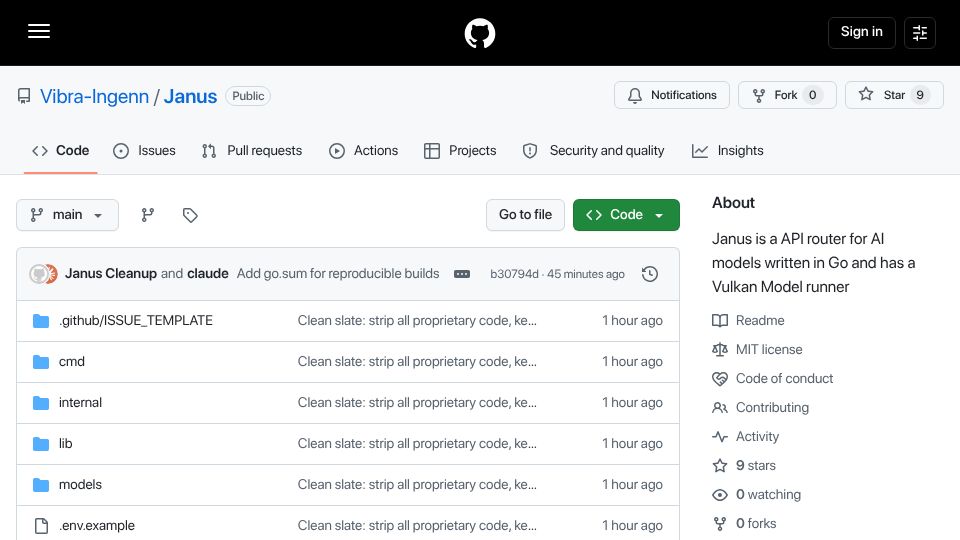 Screenshot of github.com: Show HN: Janus – Go binary that runs GGUF models via Vulkan on AMD/Intel/Nvidia