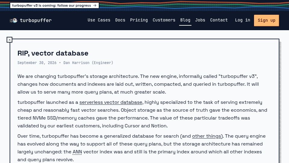 Screenshot of turbopuffer.com: RIP, vector database