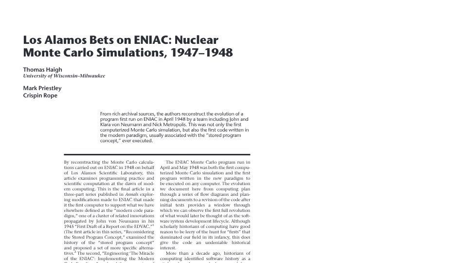 Screenshot of tomandmaria.com: Los Alamos bets on ENIAC: Nuclear Monte Carlo simulations, 1947–1948 (2014) [pdf]