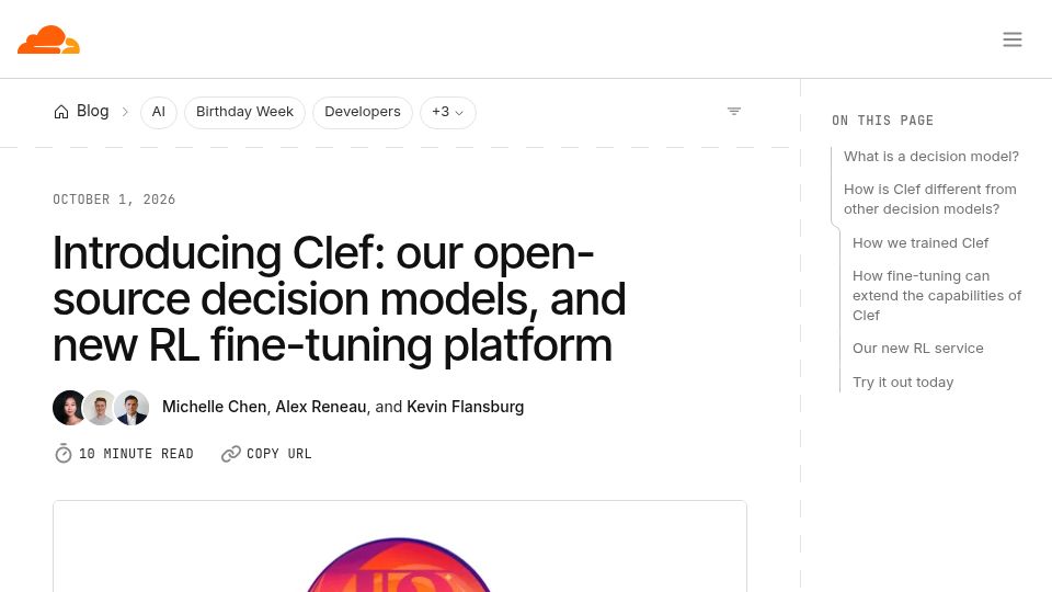 Screenshot of blog.cloudflare.com: Clef: Open-weight decision models, and new RL fine-tuning platform