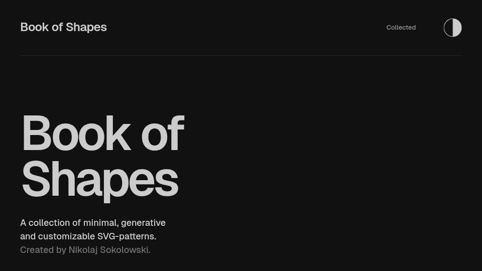 Screenshot of bookofshapes.com: Book of Shapes – Collection of minimal, generative and customizable SVG-patterns